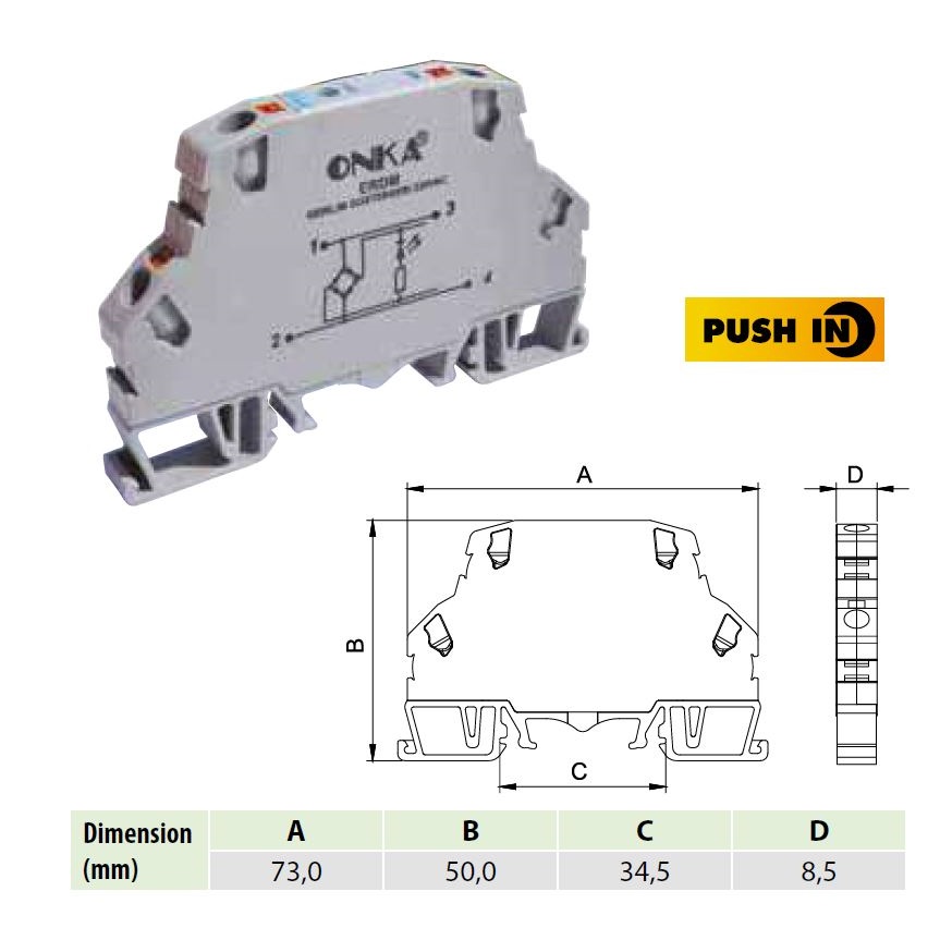 1050028 | Клеммник пружинный быстрозажимной (Push in) Определяет исправность ламп в сигнальных цепях , Onka