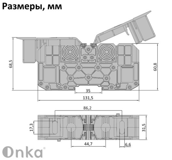 1030059 | Силовой клеммник на DIN-рейку 95 мм², болт M8, серый, Onka