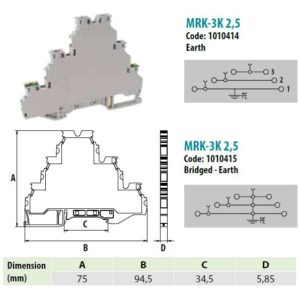 1010414 | MRK 2,5-3KKT | Клеммник 3-х ярусный  2,5мм.кв. 1 с заземлением. (серый)MRK 2,5-3KKT; Клеммник 3-х яру, Onka
