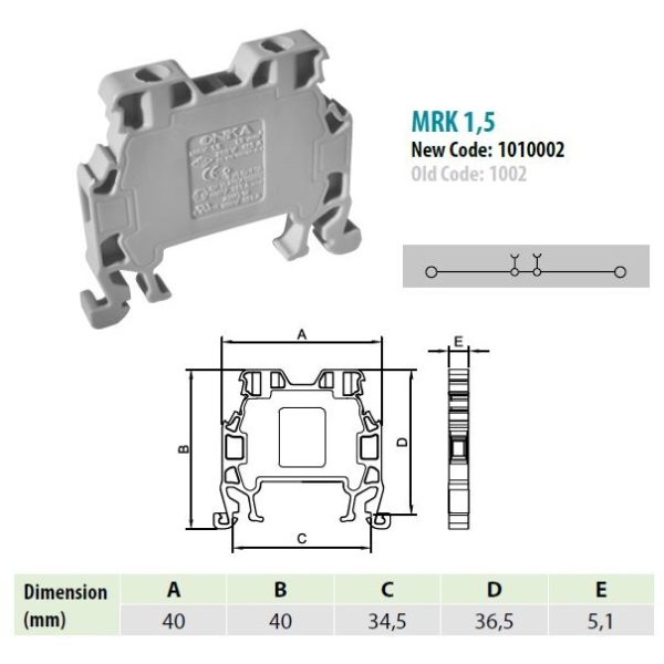 1010002 | MRK 1,5 | Клеммник на DIN-рейку 1,5мм.кв. (серый),1002, Onka