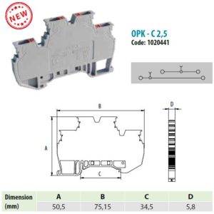 1020444 | OPK 2,5-2C | Клеммник 2-х ярусный пружинный быстрозажимной (Push in), 2,5 мм.кв. (синий),1785, Onka