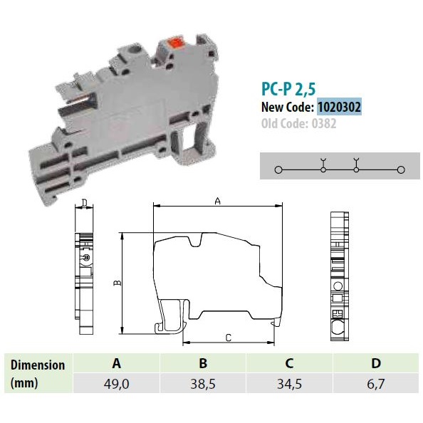 1020302 | OPK 2,5-PCY | Клеммник пруж.быстрозажимной (Push in) с разъёмом, на DIN-рейку, 2,5 мм.кв., (серый), 0, Onka